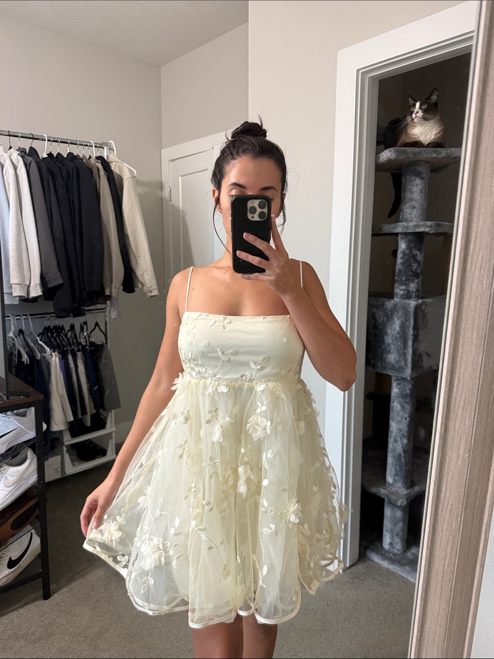 The Vintage Shop Pale Cream Floral Tulle Mini Dress